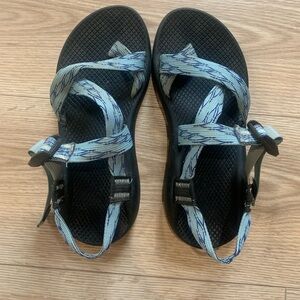 Chaco Blue Patterned Strap Black Footbed Sandals